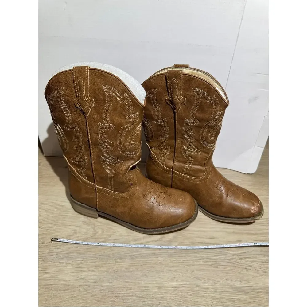 Big Girls Western Cowboy Boots Brown Pull-On Embroidered Mid-Calf 4 cute fashion